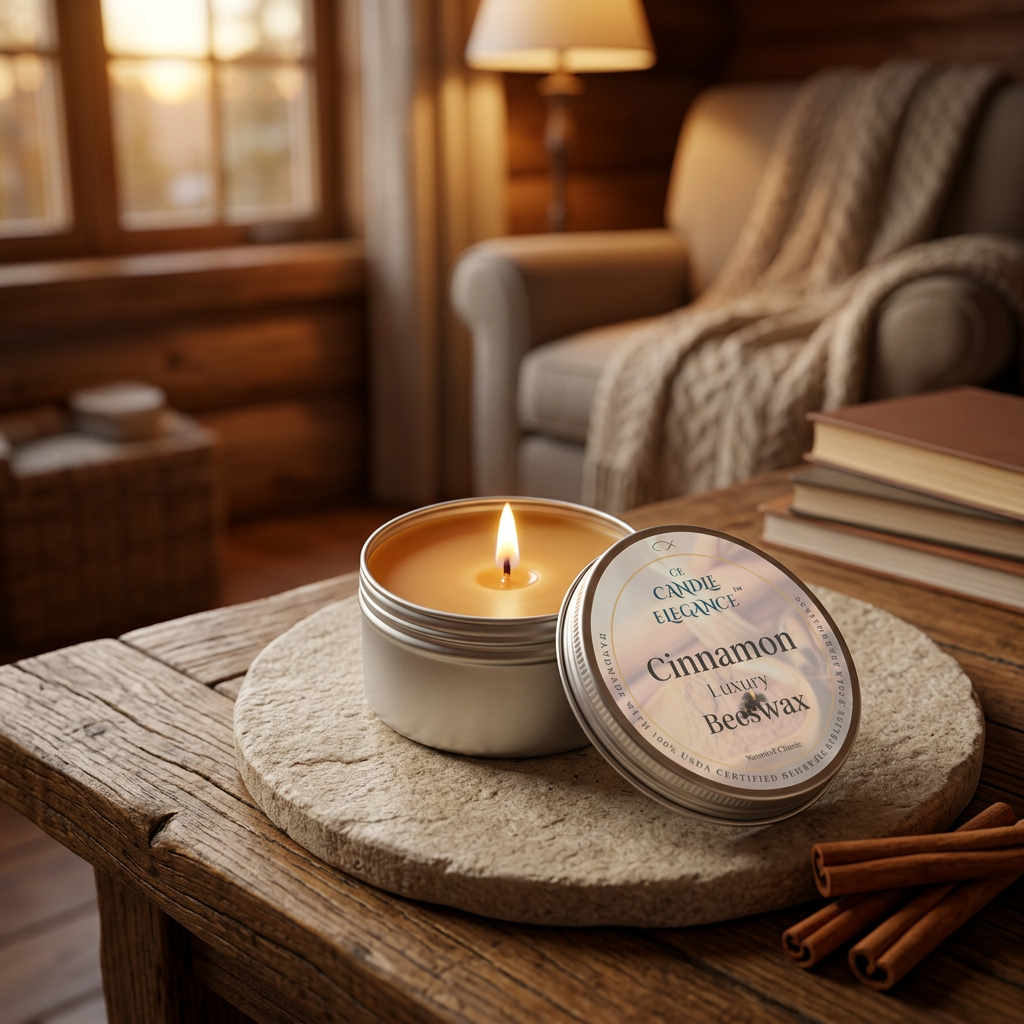 Lit Cinnamon Spice travel candle in a cabin reading nook