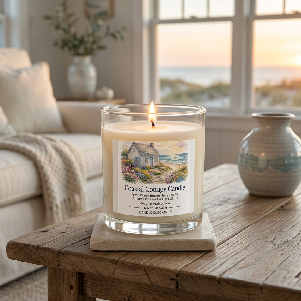 Lit Coastal Cottage Candle in a cozy cottage at sunset