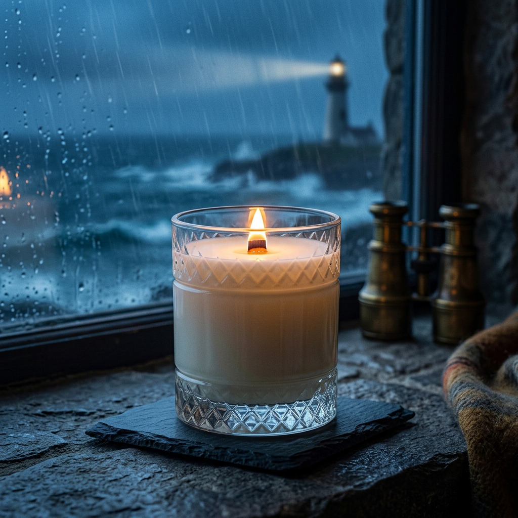 Lit Coastal Cottage candle in a stormy lighthouse keeper’s cottage