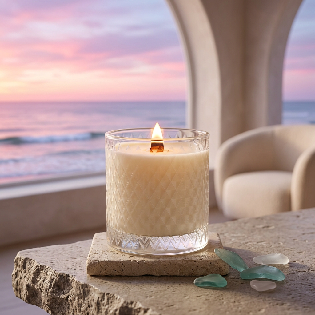 Lit Coastal Cottage candle in an ocean-sunset reading nook