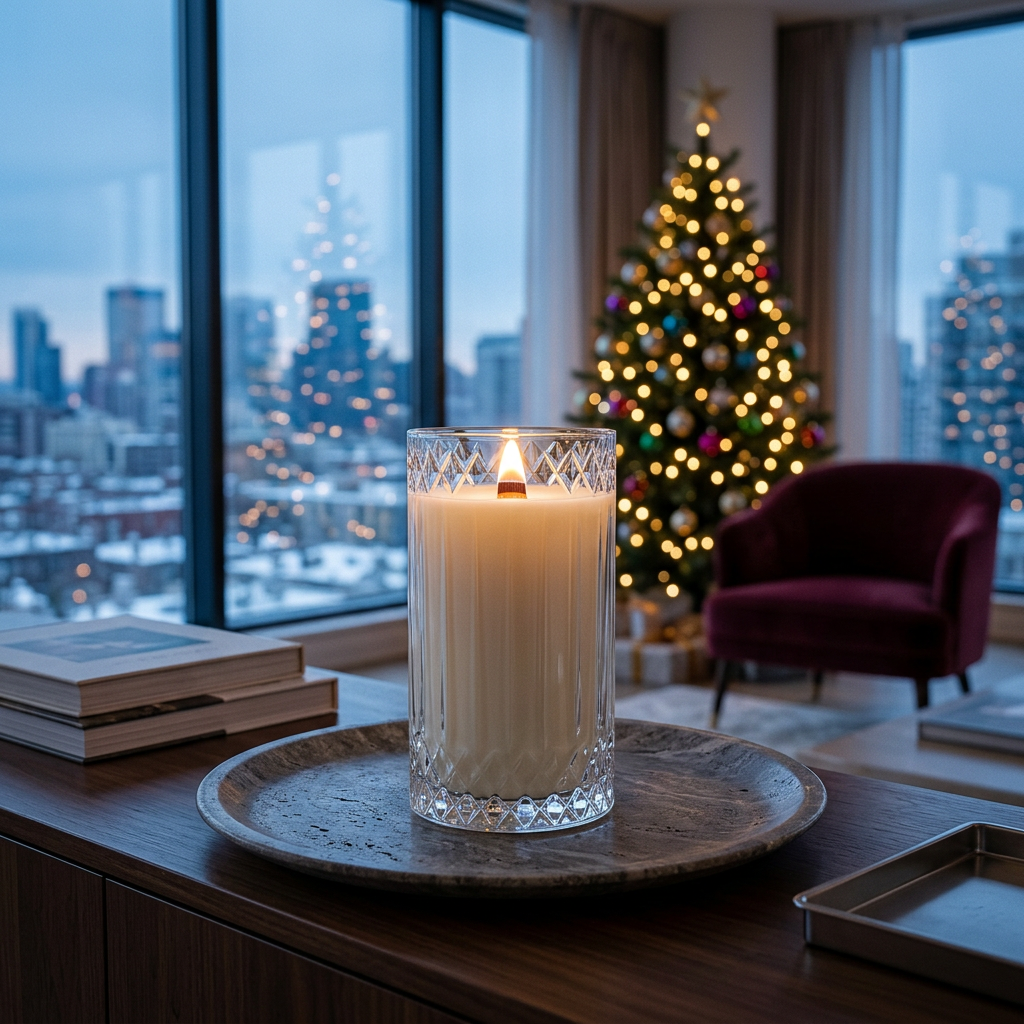 Lit Cranberry Prosecco candle in a holiday living room at blue hour