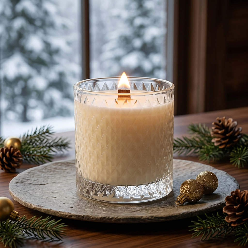 Lit Fraser Fir candle with snowy fir trees outside a winter lodge
