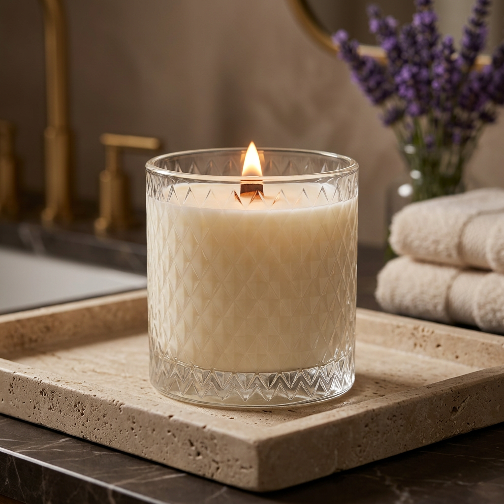 Lit Lavender candle on a moody luxe spa counter