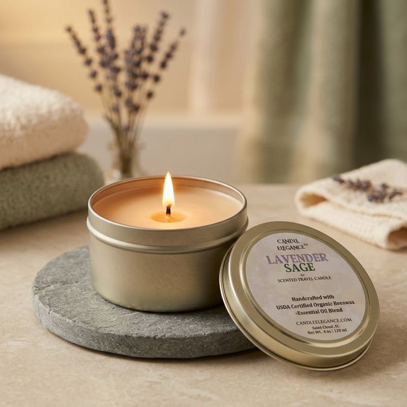 Lit Lavender & Sage travel candle on a spa vanity