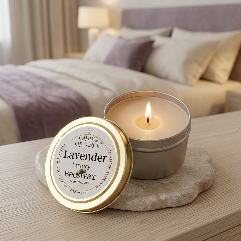 Lit Lavender travel candle with creamy beige beeswax and a single cotton wick