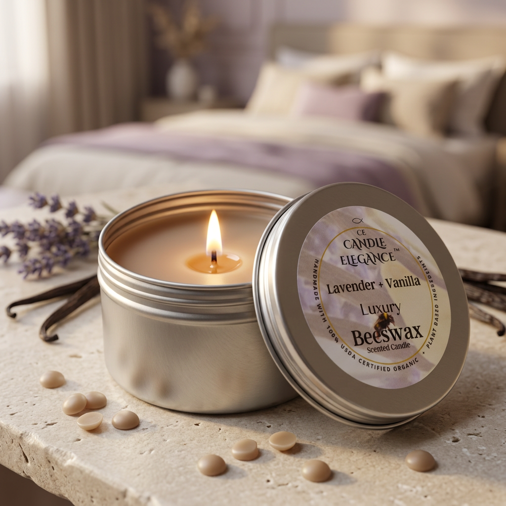 Lit Lavender Vanilla travel candle with beige-taupe beeswax pellets