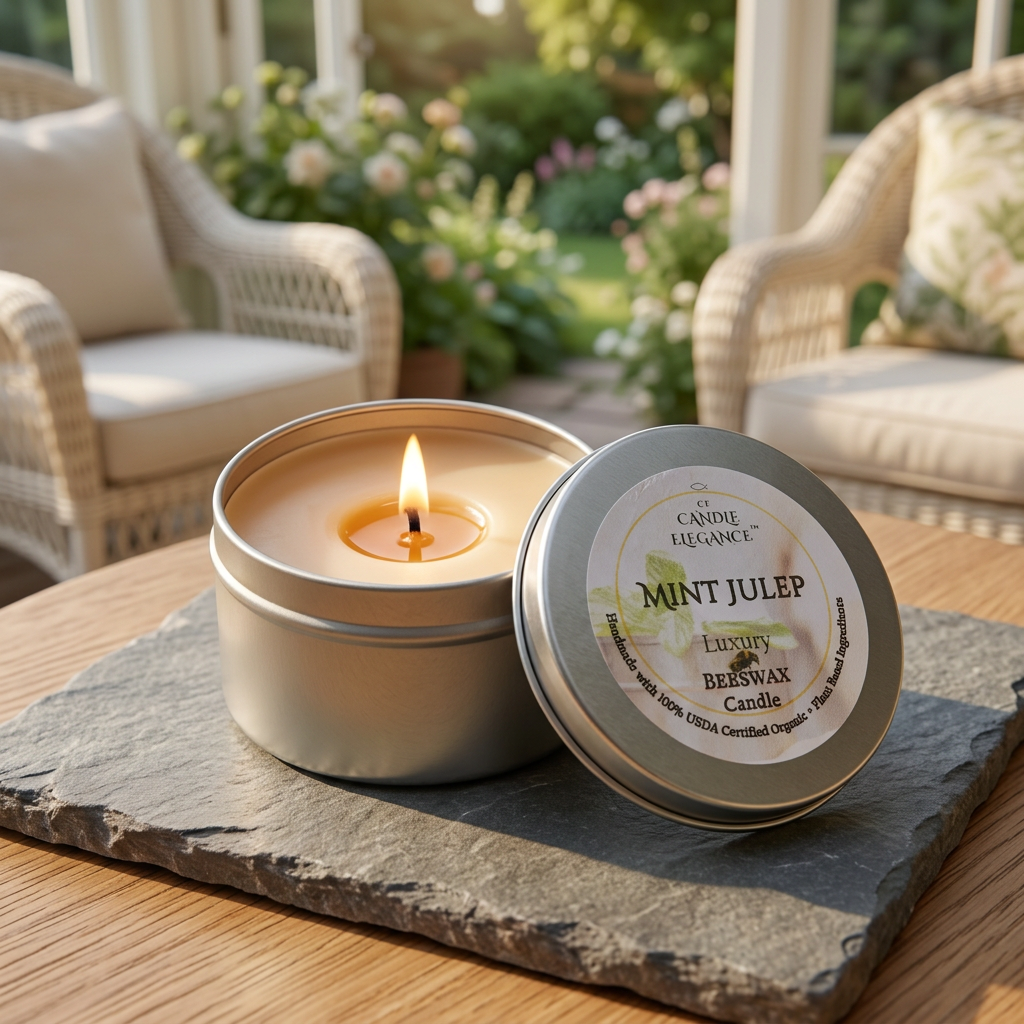 Lit Mint Julep travel candle with beige wax in a Southern cottage sunroom