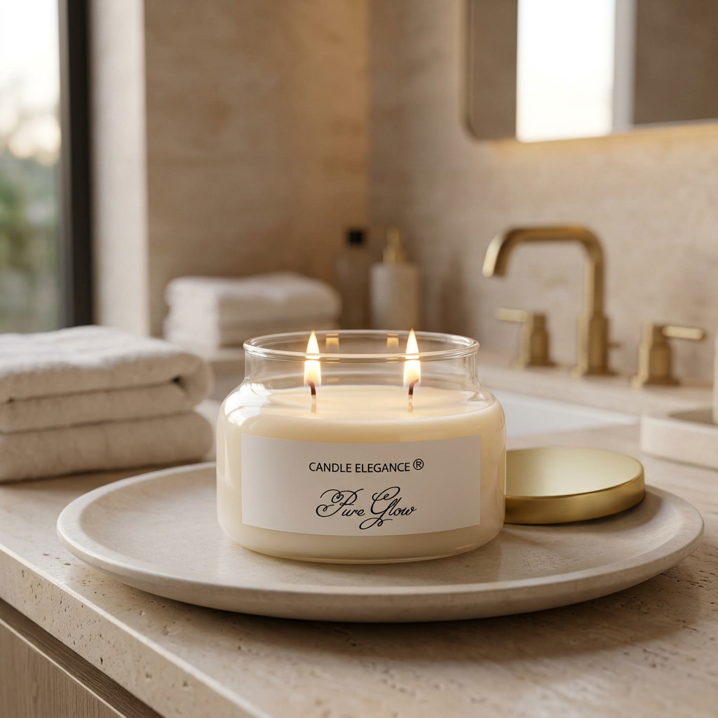 Lit Pure Glow candle in a serene spa-inspired bathroom