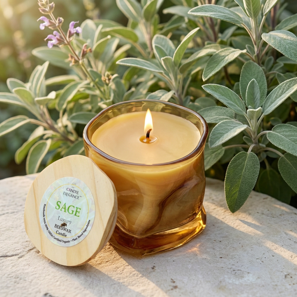 Lit Sage candle in a sage garden
