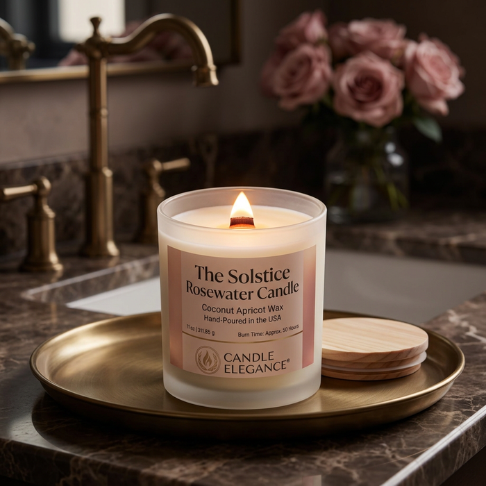 Lit Solstice Rosewater candle on a moody luxe bath counter