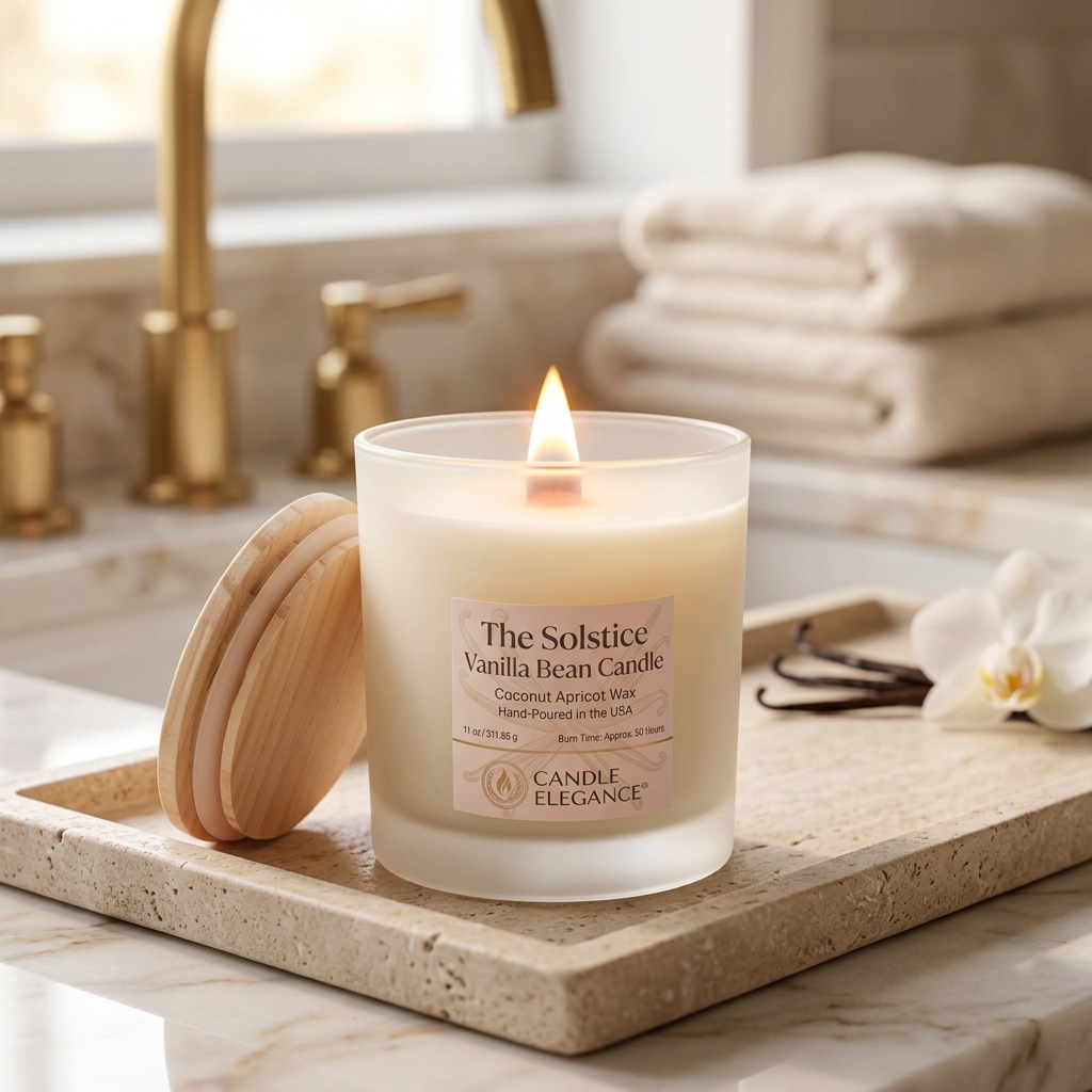 Lit Solstice Vanilla Bean candle on a luxe marble bath counter