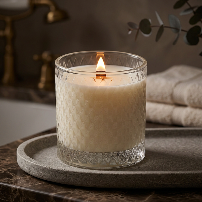 Lit Spa Day candle on a moody luxe bath counter