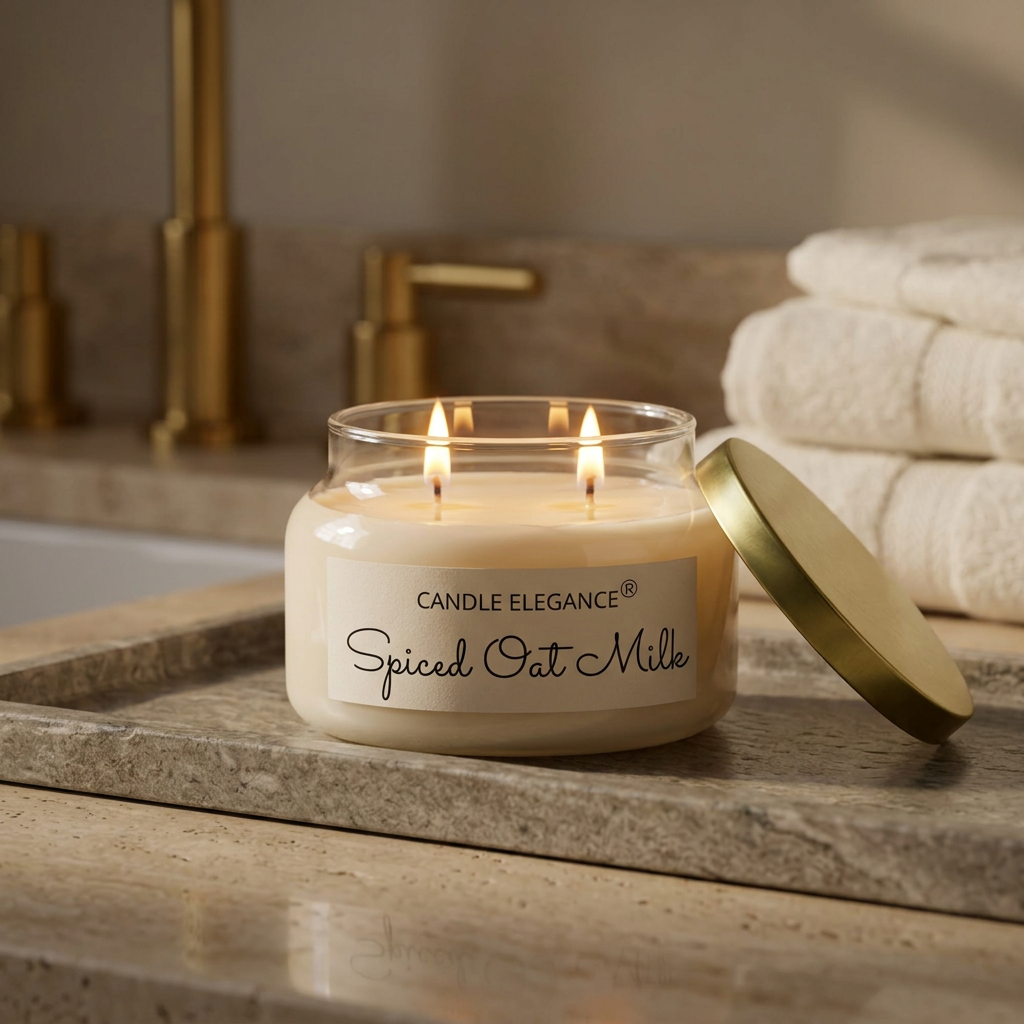 Lit Spiced Oat Milk candle on a luxe travertine bath counter