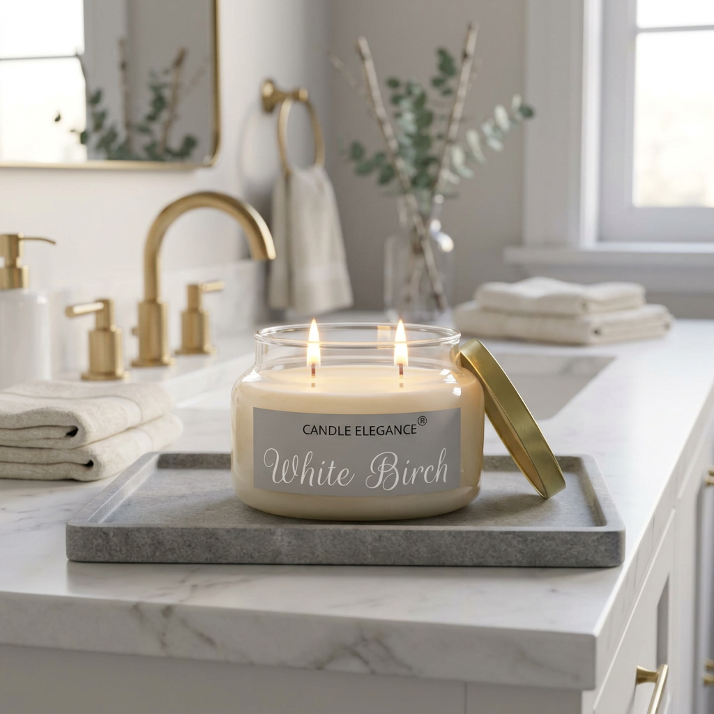 Lit White Birch candle on a luxe marble bath counter
