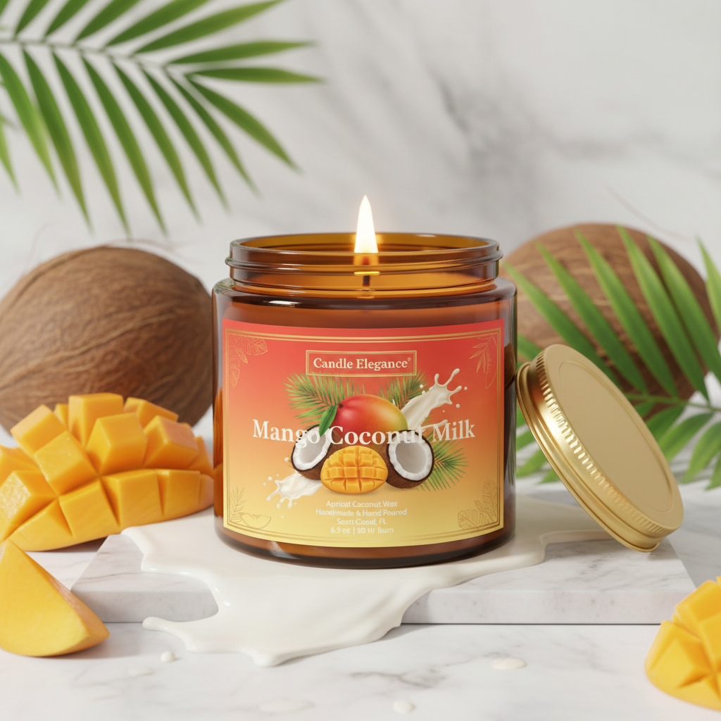 A lit amber glass candle jar labeled 'Candle Elegance Mango Coconut Milk' sits on a white marble surface with a gold lid beside it. Chopped mango, whole coconuts, and green palm leaves surround the candle in a styled product scene.