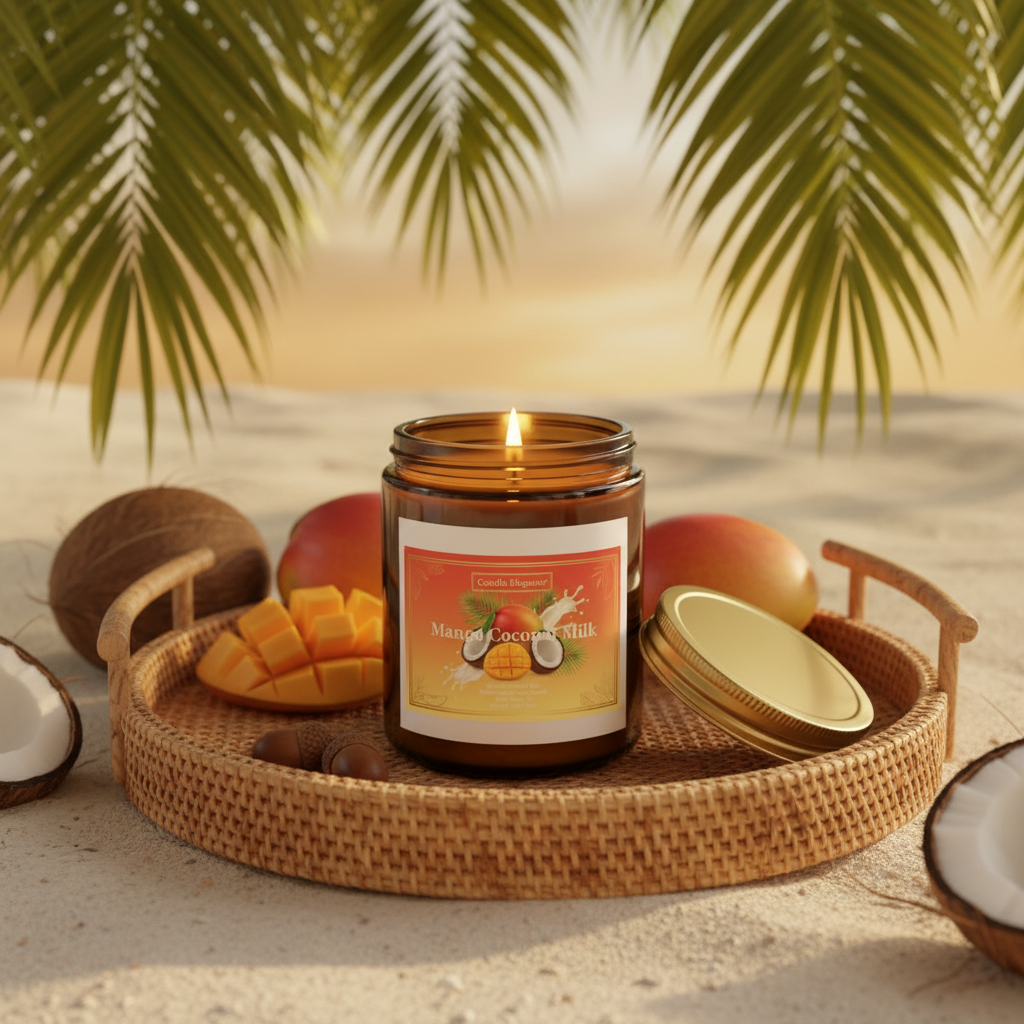 An amber glass jar candle with a lit flame sits on a woven tray, surrounded by mangoes, coconuts, and a gold lid, set against a tropical beach backdrop with palm leaves.