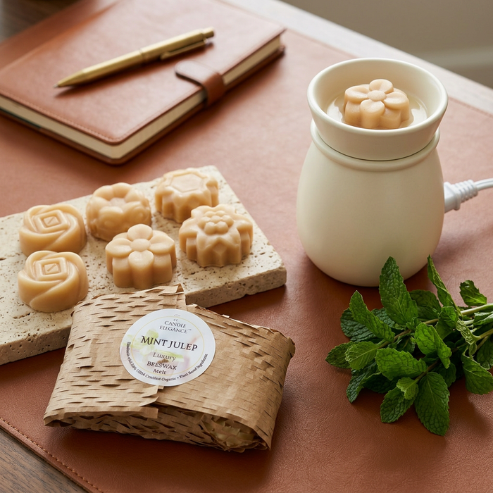 Mint Julep floral wax melts on a leather office desk