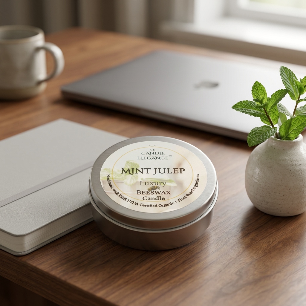 Mint Julep travel candle in an office setting