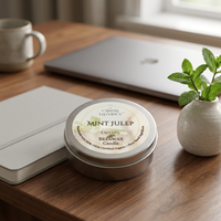 Mint Julep travel candle in an office setting