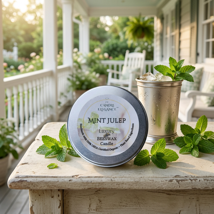 Mint Julep travel candle on an airy cottage porch