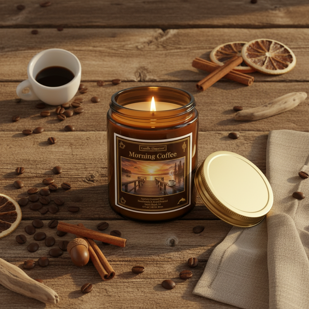 An amber glass jar candle labeled 'Morning Coffee' with a lit flame, shown on a rustic wooden surface with coffee beans, cinnamon sticks, dried orange slices, a cup of coffee, and a gold-toned lid beside it.