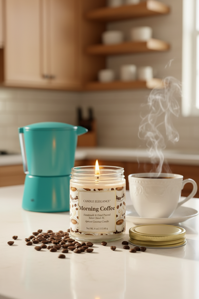 A lit candle jar labeled 'Morning Coffee' sits on a kitchen counter beside a turquoise moka pot, a steaming cup of coffee, scattered coffee beans, and the gold lid, with a blurred kitchen background.