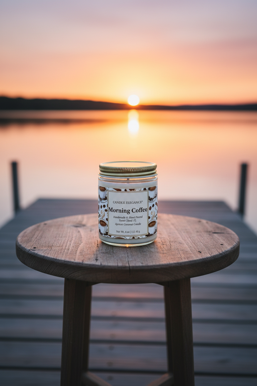 A jar candle labeled 'Morning Coffee' is placed on a round wooden stool on a dock, with a sunset over a calm lake in the background.