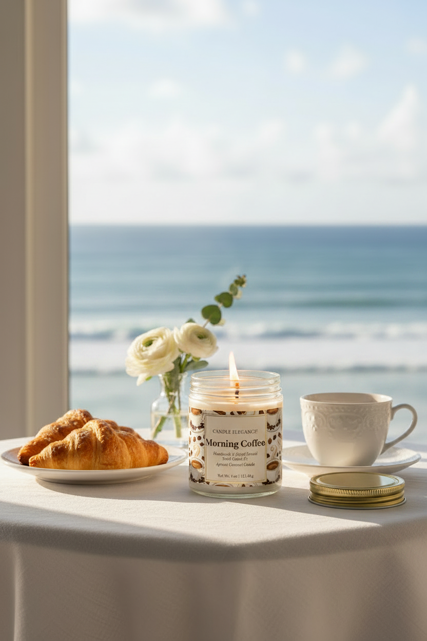 A lit candle in a clear glass jar named Morning Coffee sits on a white tablecloth beside croissants, white flowers, a white teacup, and a gold lid, with an ocean view through the window in the background.