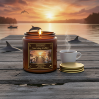 An amber glass jar candle labeled 'Morning Coffee' sits on a wooden dock beside a white cup of coffee and its gold lid, with a sunset over water and dolphins in the background.