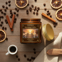 A candle jar labeled 'Morning Coffee' by Candle Elegance, styled on a rustic wooden surface with coffee beans, dried orange slices, cinnamon sticks, a cup of black coffee, and a gold lid beside the amber glass container.