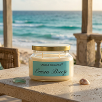 Ocean Breeze candle with turquoise ocean and sandy shoreline in the background