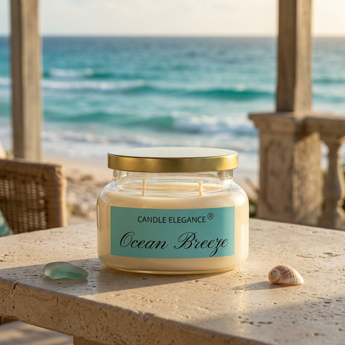 Ocean Breeze candle with turquoise ocean and sandy shoreline in the background