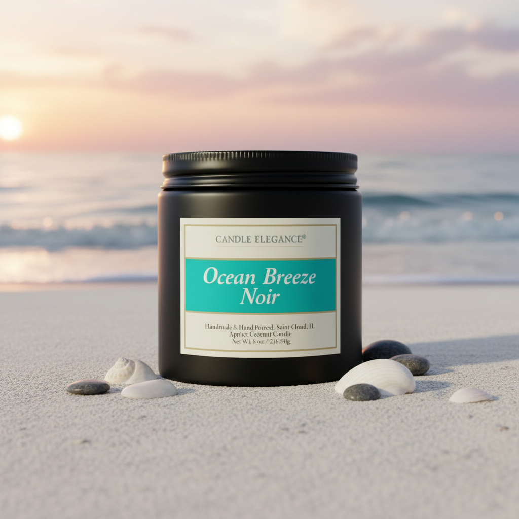 A black jar candle labeled 'Ocean Breeze Noir' by Candle Elegance sits on a sandy beach with shells and the ocean in the background at sunset.