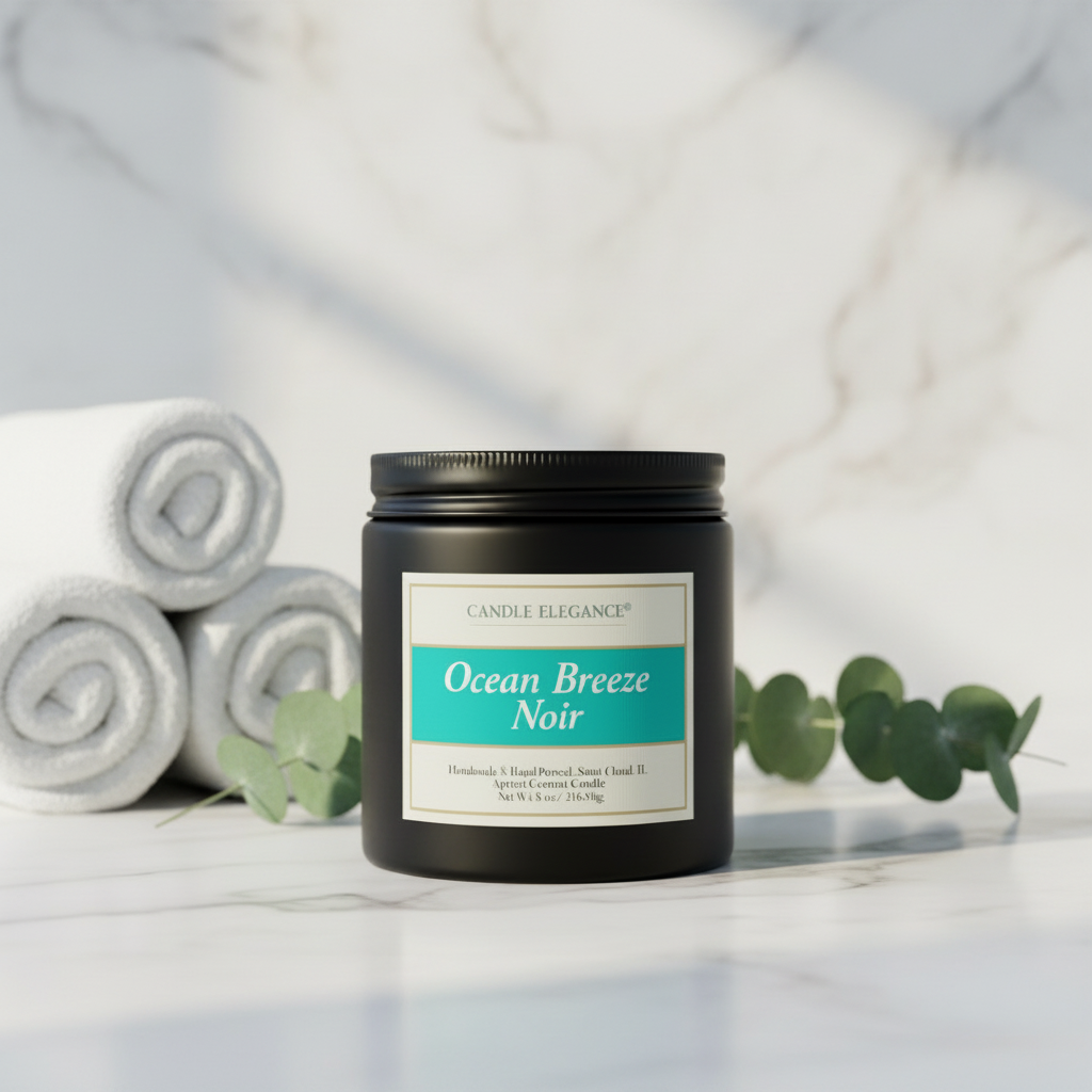 A black jar candle labeled 'Ocean Breeze Noir' by Candle Elegance, styled on a white marble surface with rolled white towels and green eucalyptus leaves in the background.
