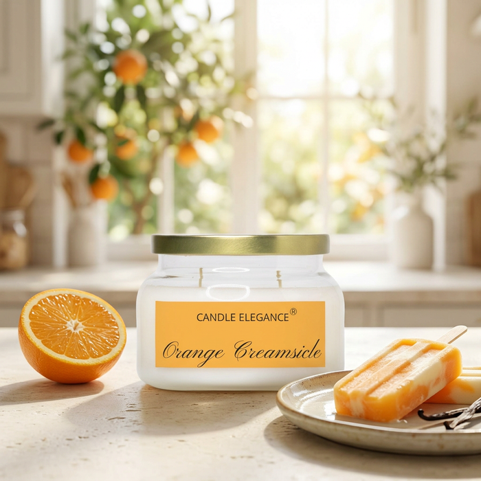 Orange Creamsicle candle with fresh orange and a creamsicle in a sunlit kitchen