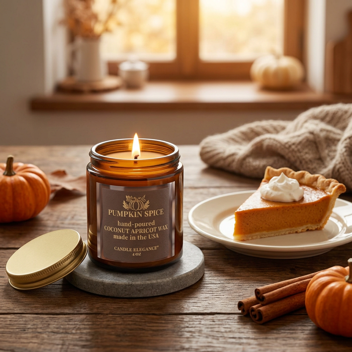 Pumpkin Spice candle beside a slice of pumpkin pie in a cozy autumn setting