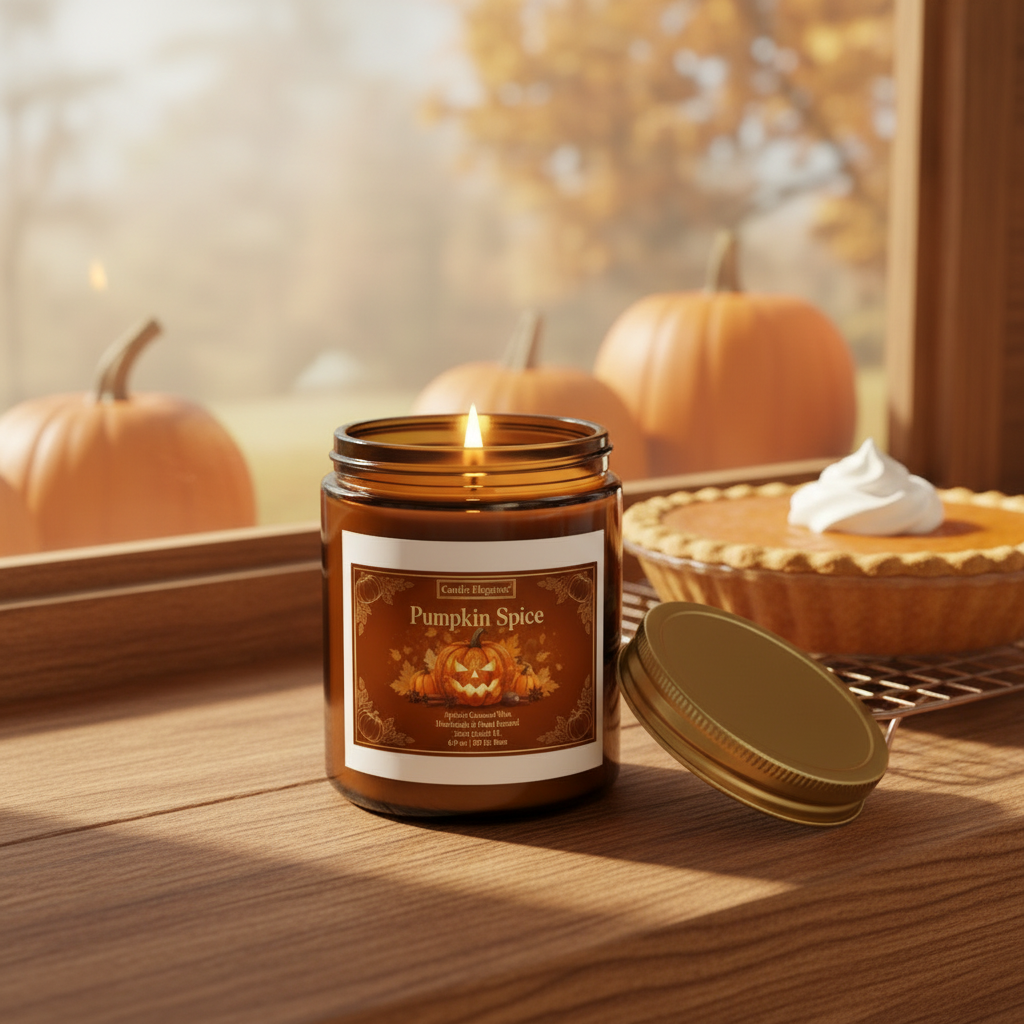 An amber glass jar candle labeled 'Pumpkin Spice' sits on a wooden windowsill with its lid beside it. A lit candle flame glows in the amber jar, and a warm autumn scene with pumpkins and a pumpkin pie is softly blurred in the background.