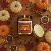 A lit amber glass jar candle labeled 'Pumpkin Spice' sits on a wooden surface surrounded by fall-themed props including small pumpkins, cinnamon sticks, dried orange slices, cloves, star anise, and autumn leaves. The candle jar is centered, with its gold-toned lid placed beside it.