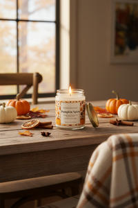 A lit candle in a clear glass jar labeled 'Pumpkin Spice' sits on a wooden table in a cozy indoor setting with pumpkins, fall leaves, cinnamon sticks, and a plaid blanket nearby.