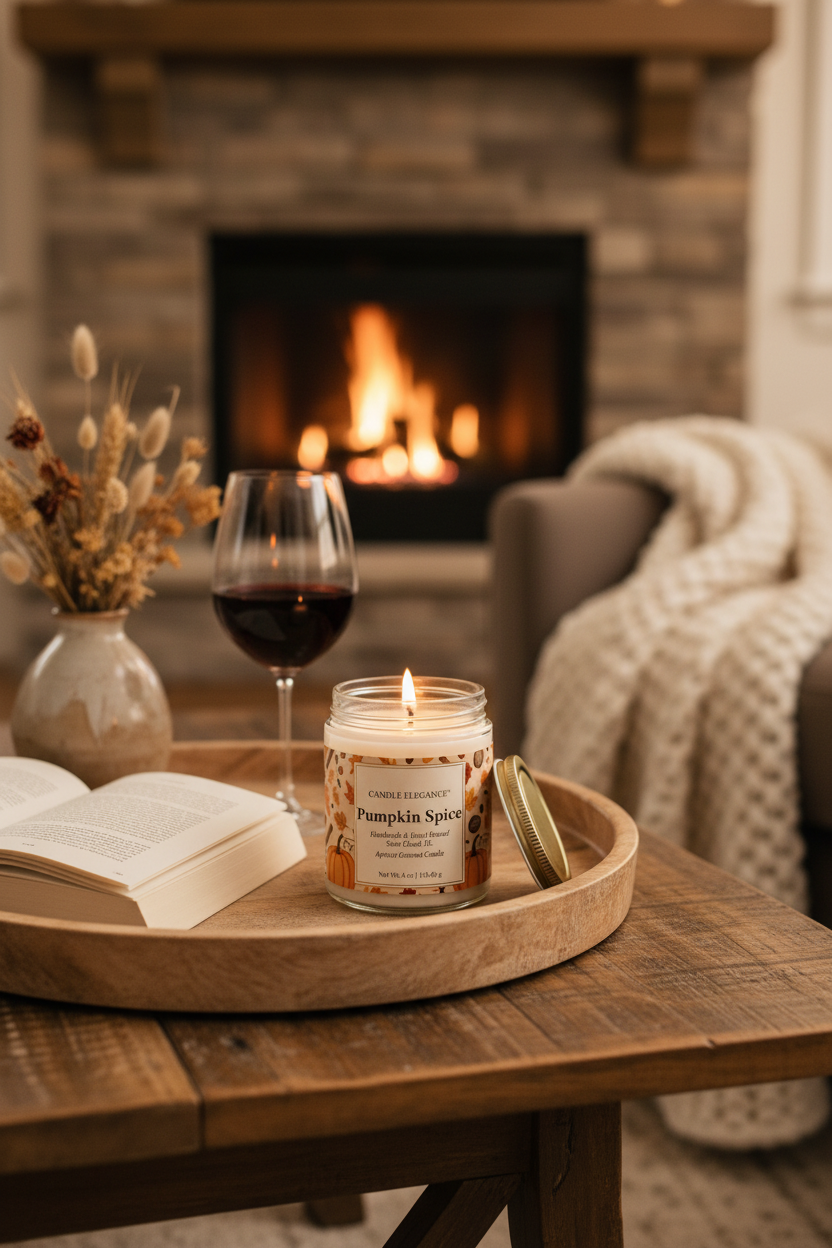 A lit candle jar labeled 'Pumpkin Spice' sits on a wooden tray on a rustic table, styled in a cozy living room with a fireplace, a glass of red wine, an open book, and a blanket.