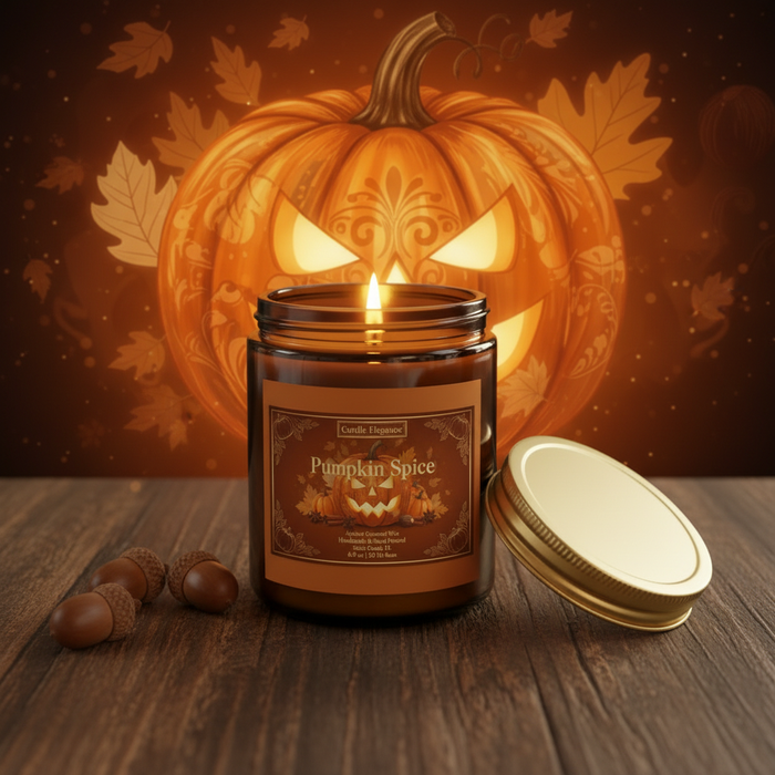 A lit amber glass jar candle labeled 'Pumpkin Spice' by Candle Crafters sits on a wooden surface with its gold lid beside it. A glowing jack-o'-lantern and autumn leaves fill the background, with acorns in the foreground.