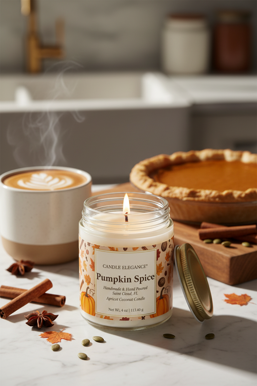 A lit jar candle labeled Candle Elegance Pumpkin Spice sits on a marble surface with a lid beside it, surrounded by cinnamon sticks, star anise, pumpkin pie, and a latte in a warm kitchen setting.