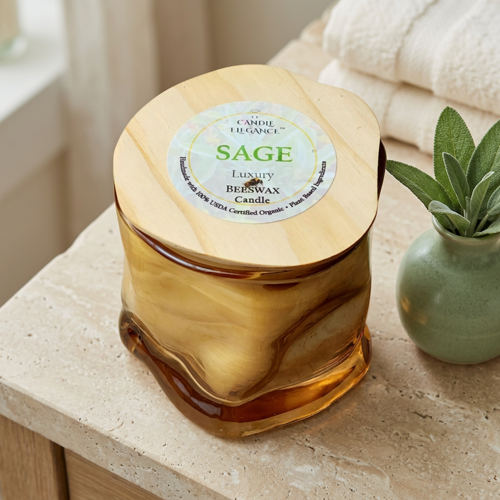 Sage candle on a limestone spa vanity