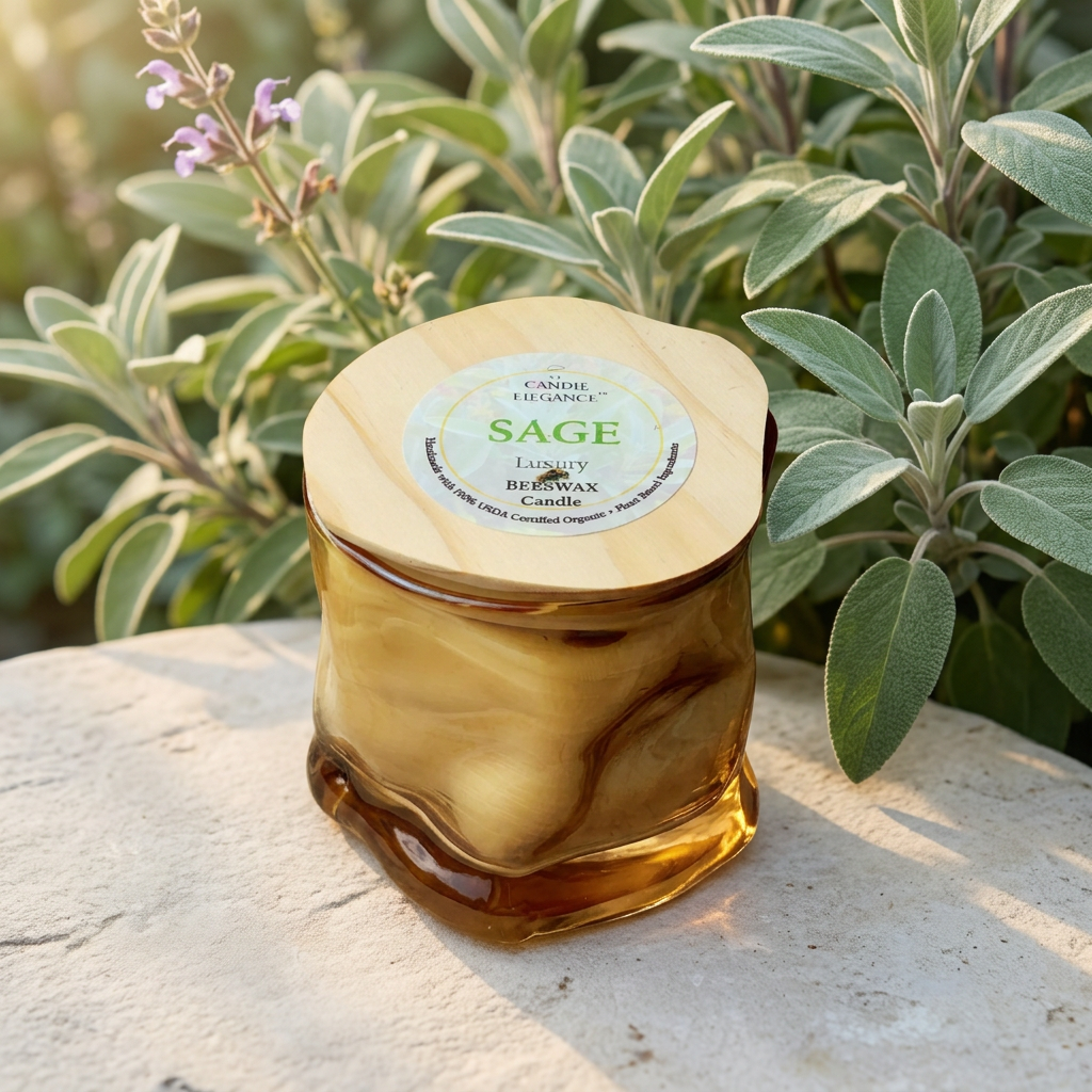 Sage candle with a lush sage garden in the background