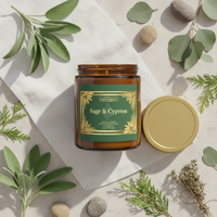 An amber glass jar candle labeled 'Sage & Cypress' by Earth & Trees Co., shown with its gold lid beside it on a light fabric surface surrounded by sage leaves, eucalyptus, and small stones.