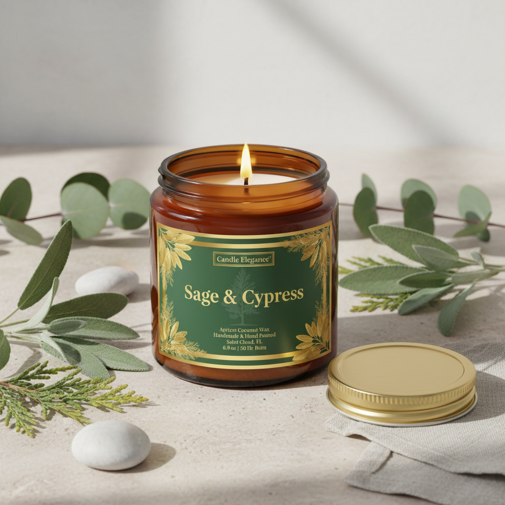 A lit amber glass jar candle labeled 'Sage & Cypress' by Candle Elegance, styled on a neutral surface with eucalyptus leaves, white stones, and a gold metal lid beside it.