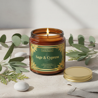 A lit amber glass jar candle labeled 'Sage & Cypress' by Candle Elegance, styled on a neutral surface with eucalyptus leaves, white stones, and a gold metal lid beside it.