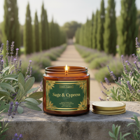A lit amber glass jar candle labeled 'Sage & Cypress' by Candle Together, placed on a stone surface outdoors with lavender plants and a blurred path of tall trees in the background. The gold lid rests beside the jar.