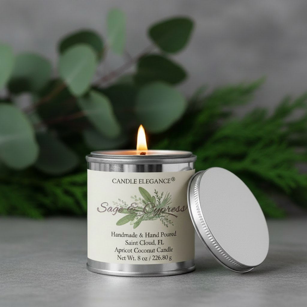A lit silver metal candle tin labeled 'Candle Elegance Sage & Cypress' sits on a gray surface with its lid beside it, set against a blurred green foliage background.