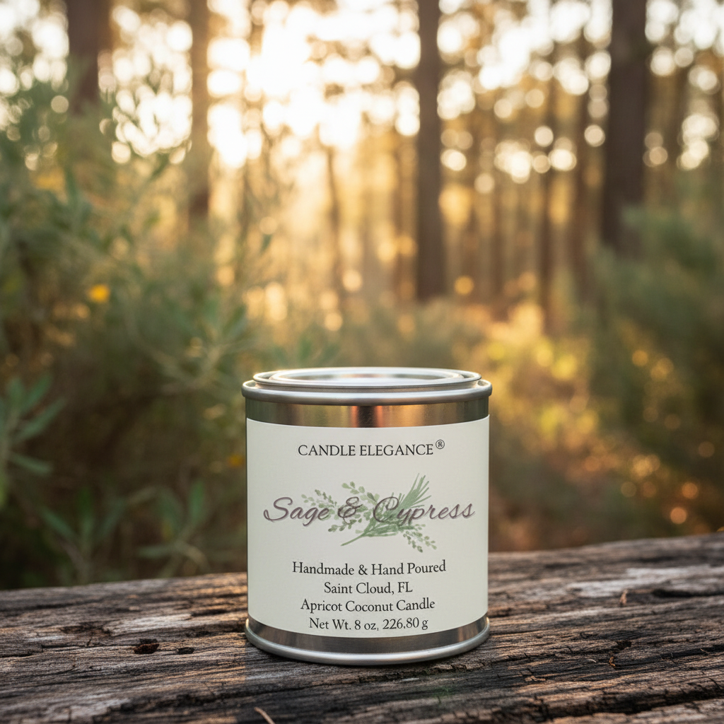 A metal tin candle labeled 'Candle Elegance Sage & Cypress' sits on a weathered wooden surface with a blurred forest background and warm sunlight filtering through trees.